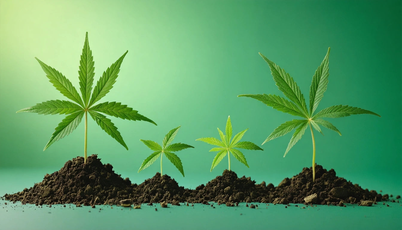 Three green plants with serrated leaves growing from small mounds of soil against a gradient green background