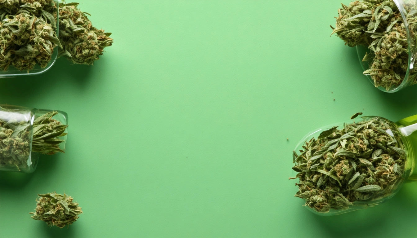 Glass jars with green buds scattered on a light green surface