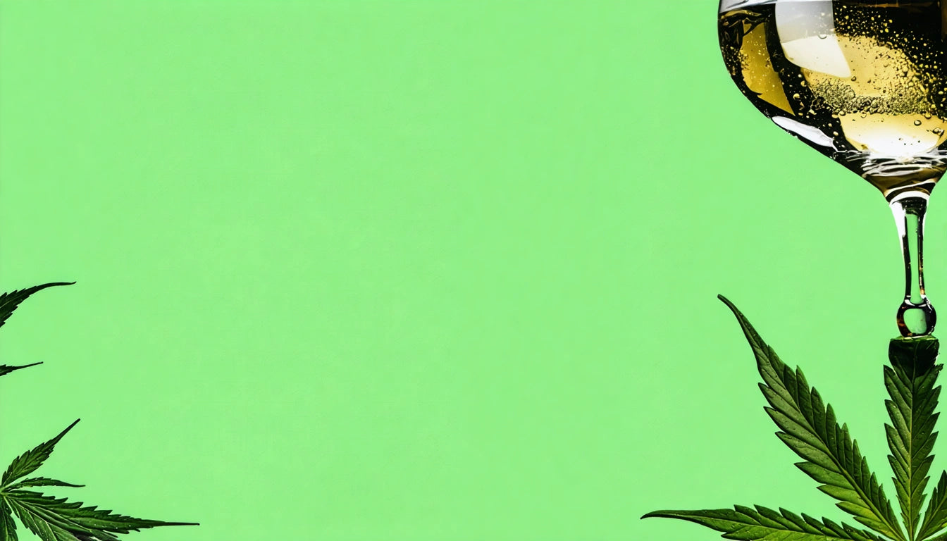 Two wine glasses with golden liquid, green leaves at the bottom, bright green background