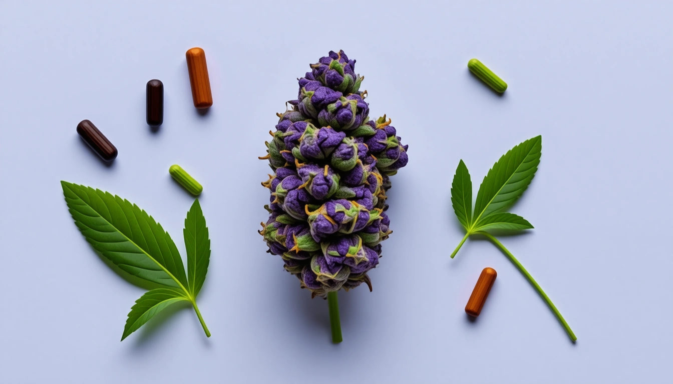 Purple and green bud centered, surrounded by green leaves and assorted capsules on a light gray background