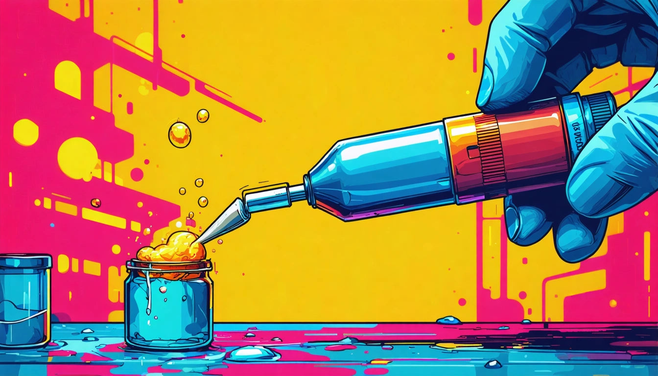 Blue robotic arm pouring orange liquid into a small jar, with bubbles rising, on a colorful splattered surface against a yellow background