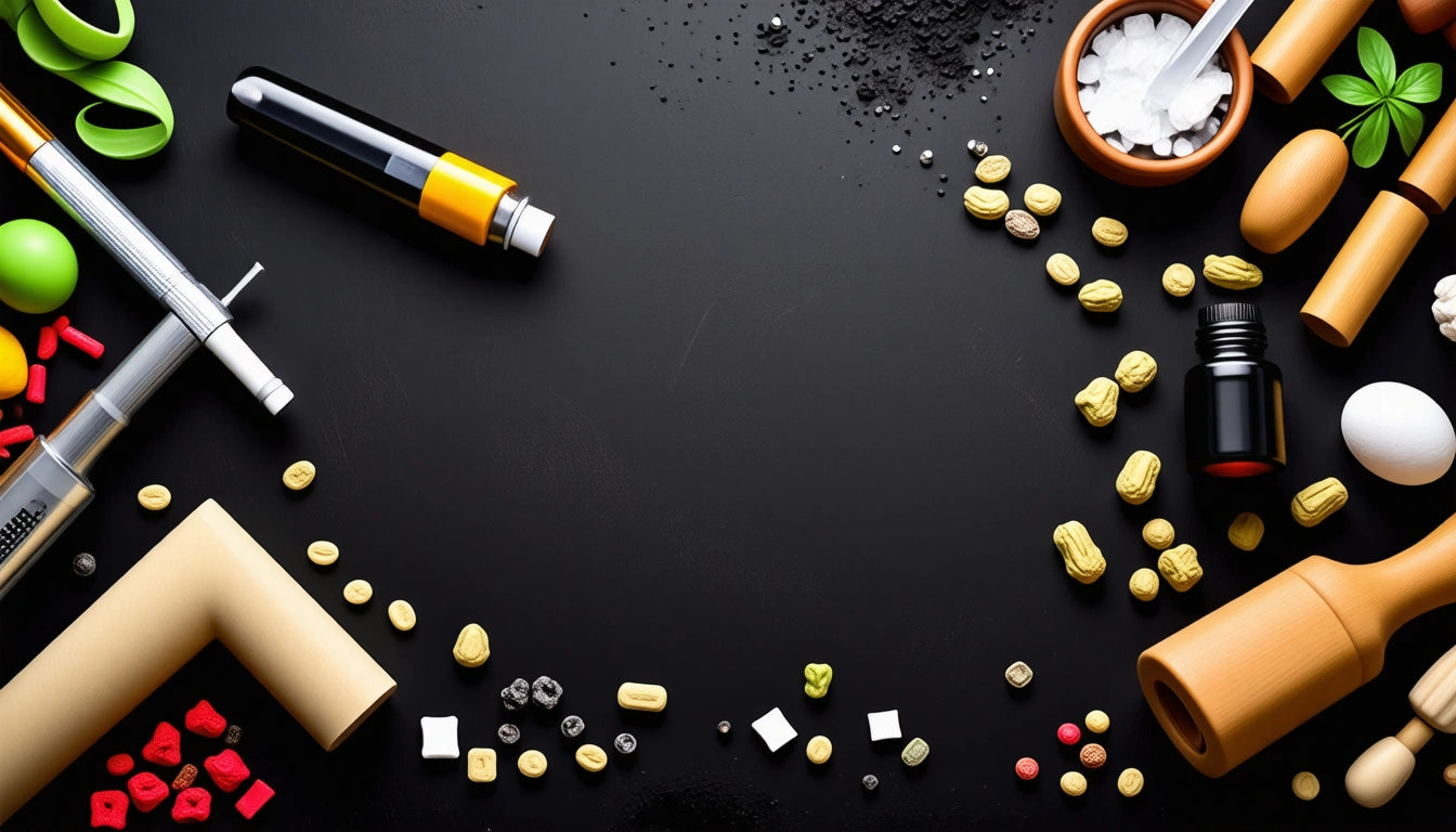 Scattered pills, capsules, and bottles on a black surface with a syringe and a small bowl of salt