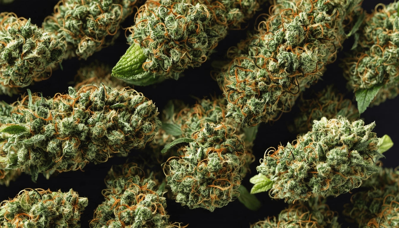 Dense clusters of green buds with orange hairs and a few small green leaves, set against a dark background