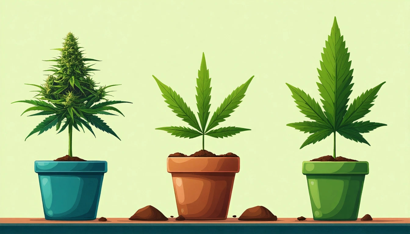 Three potted plants with large green leaves on a wooden surface, each in a different colored pot: blue, orange, and green