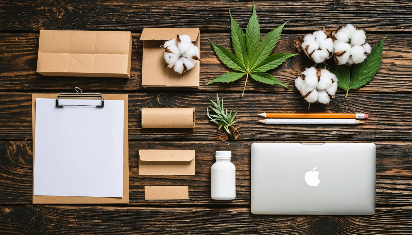 Clipboard with paper, cardboard boxes, cotton, cannabis leaf, pencils, small plant, white bottle, and laptop on wooden surface