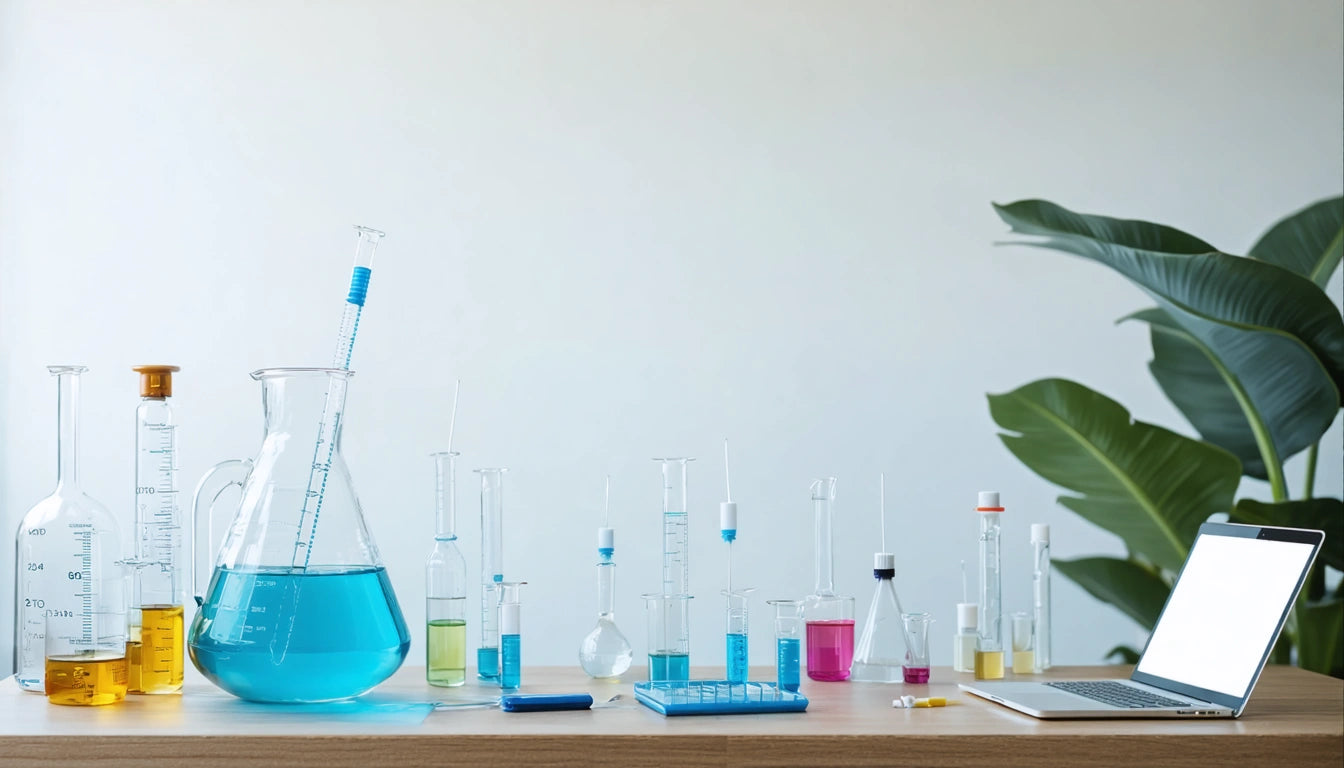 Laboratory glassware with colorful liquids on a wooden table, large plant on the right, open laptop on the far right