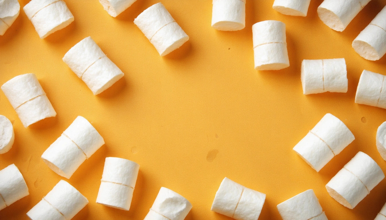 White cylindrical objects arranged in a circle on an orange background