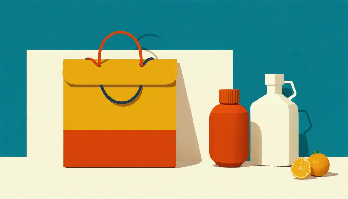 Yellow and orange bag, red bottle, white jug, and sliced orange on a light surface against a teal background