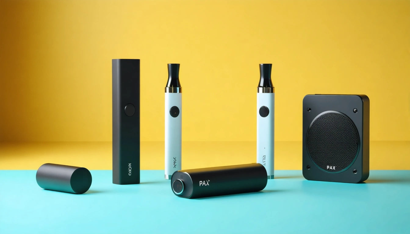 Black and white electronic devices with buttons on a blue surface, yellow background