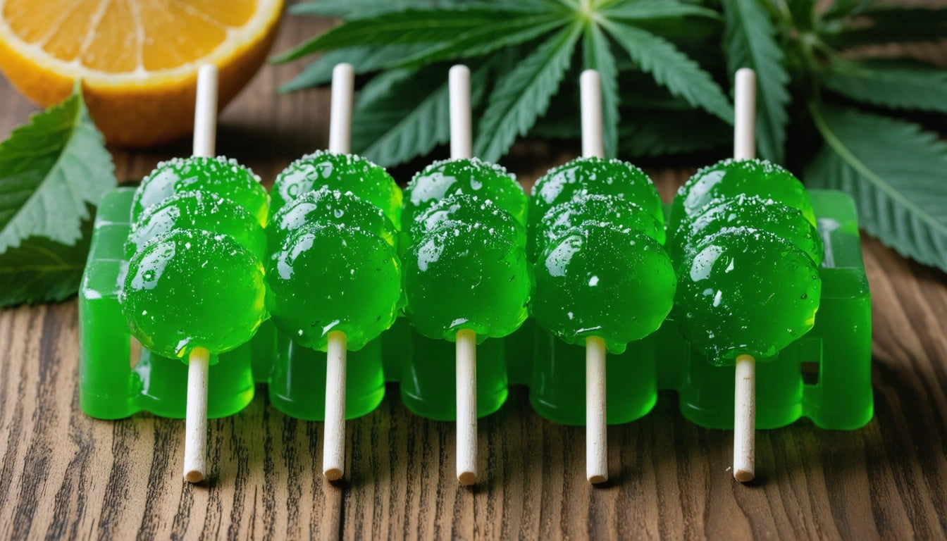 Six green lollipops with sugar coating on sticks, placed on a wooden surface, surrounded by green leaves and a lemon slice