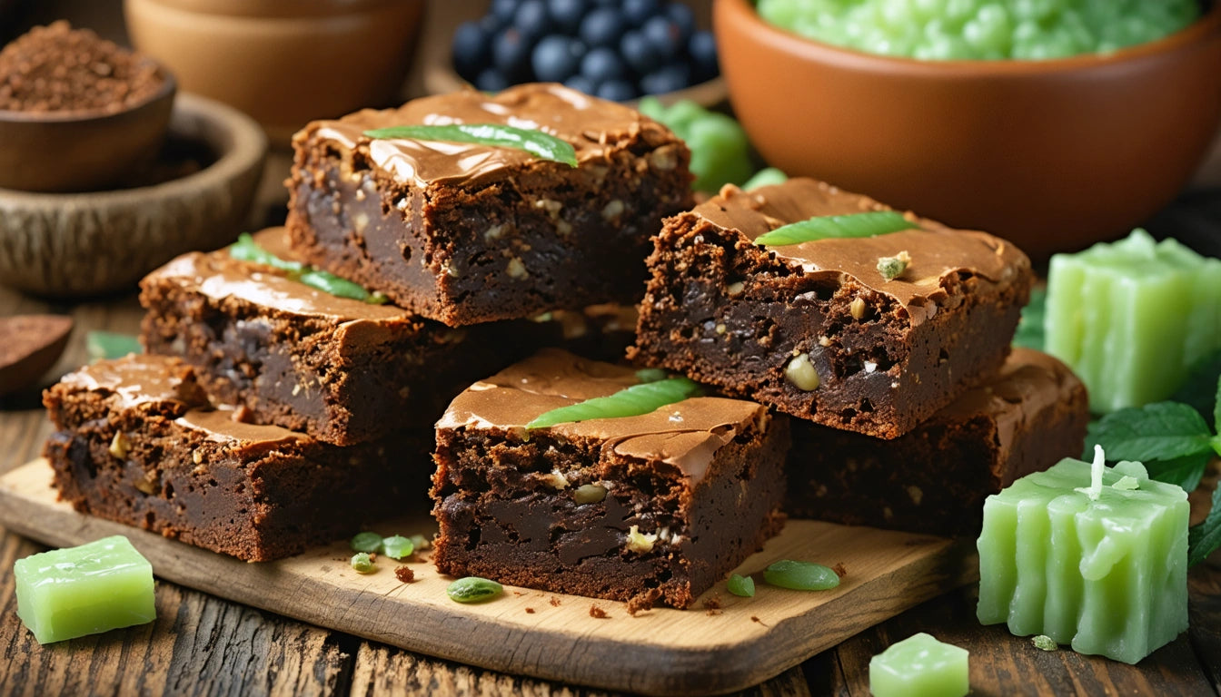 Brownie squares with nuts stacked on a wooden board, surrounded by green candles and a bowl of green dessert