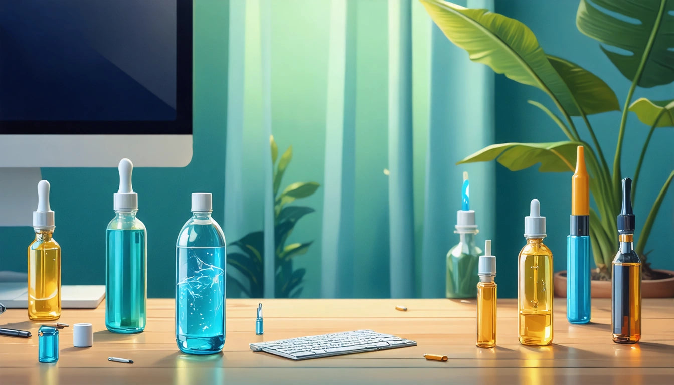 Desktop with keyboard, bottles of colored liquids, and a monitor on the left. Green plants and soft lighting in the background