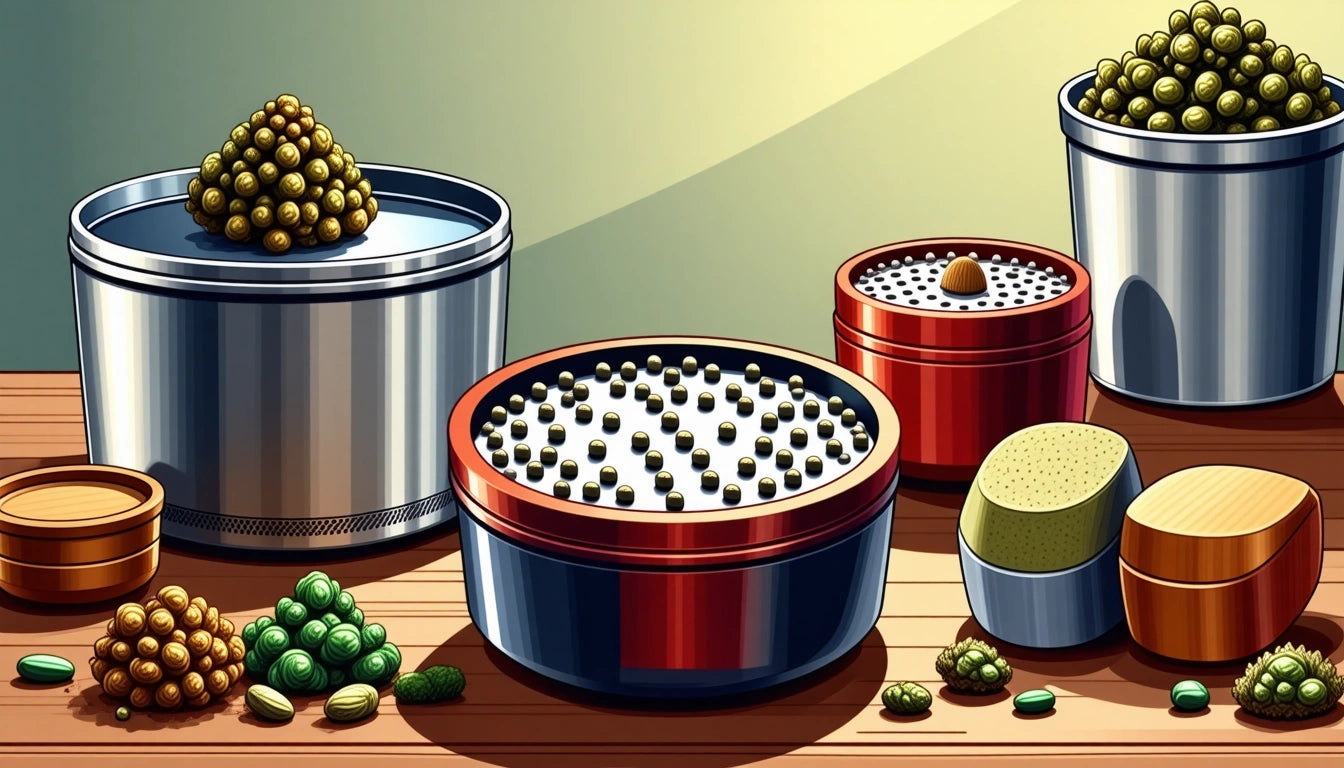 Metallic containers with perforated lids, filled with green and brown spheres, on a wooden surface with scattered spheres