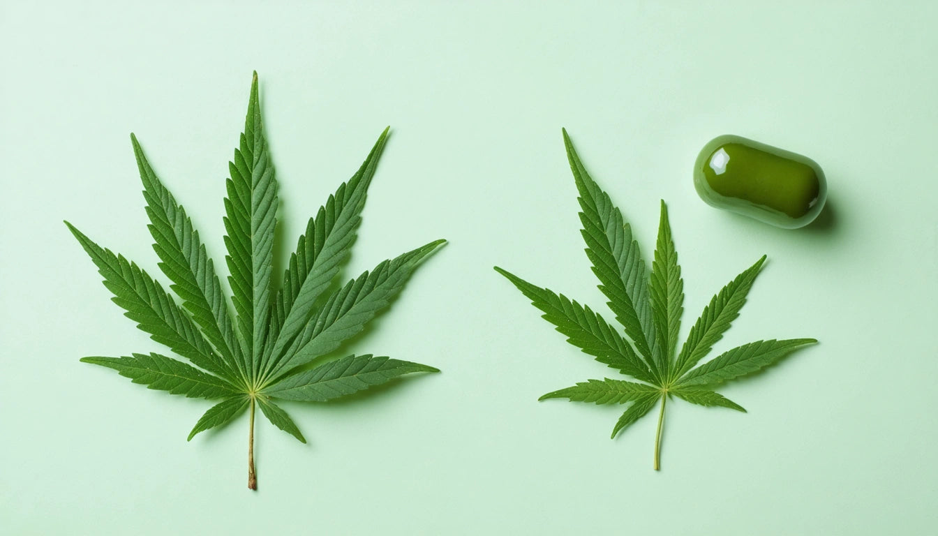 Two green leaves and a green capsule on a light green background