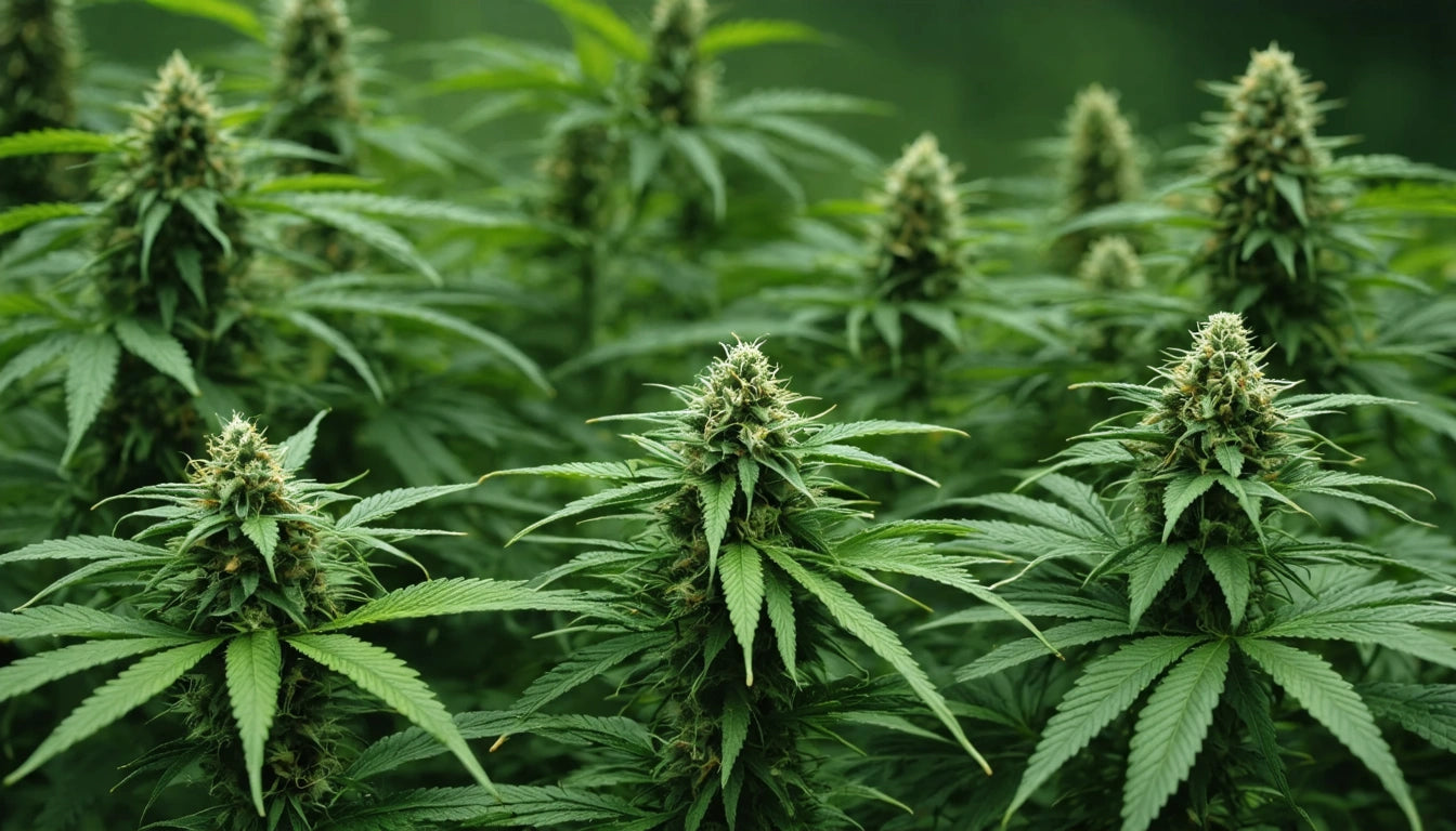 Dense cluster of green plants with pointed leaves and thick, spiky buds, set against a blurred green background