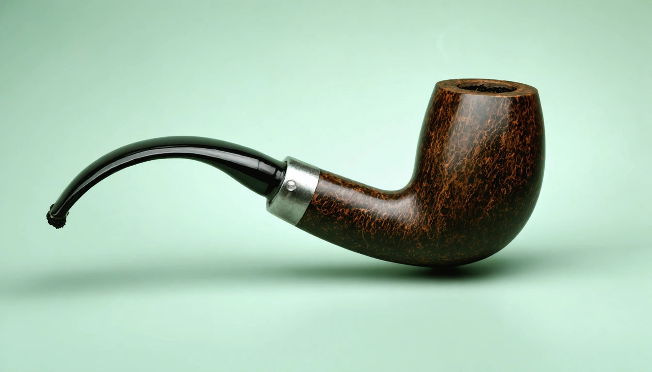 Brown wooden smoking pipe with a curved black stem and silver band, set against a light green background