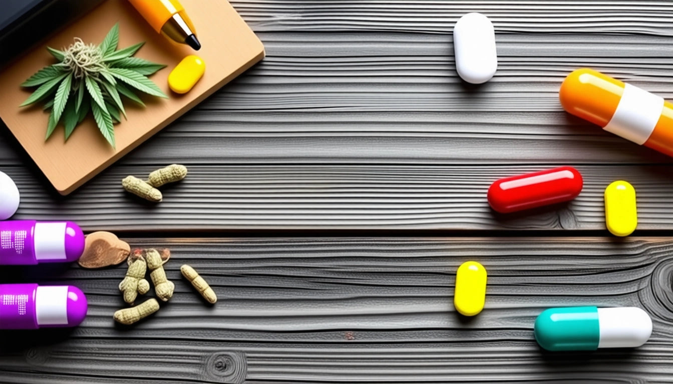 Wooden surface with scattered capsules, pills, and a notebook with a cannabis leaf