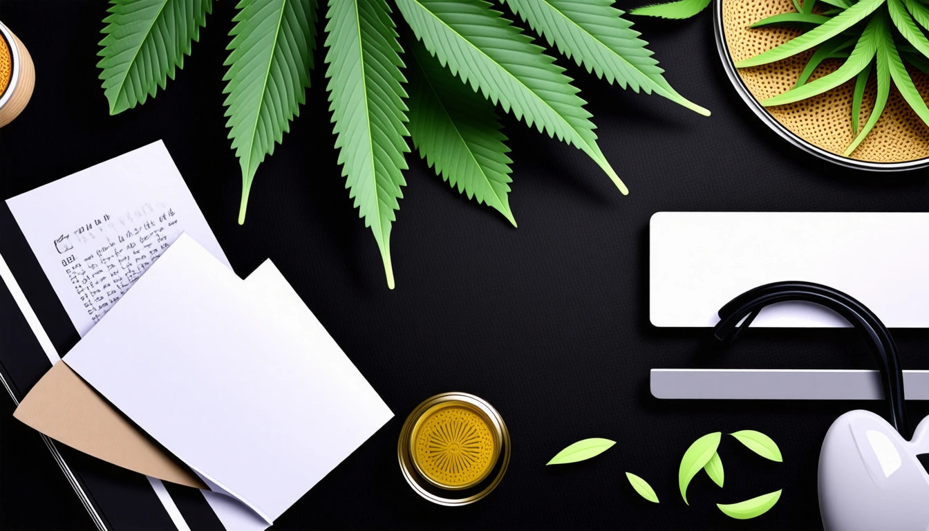 Green leaves, papers, a yellow candle, and a black headset on a dark surface