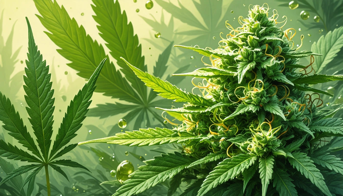 Dense green plant with pointed leaves and curly orange strands, surrounded by large leaves and small droplets on a green background