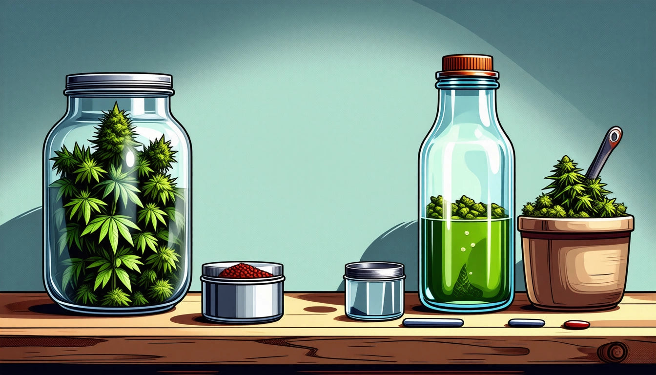 Glass jar with green leaves, two small metal containers, bottle with green liquid, potted plant, pill, and capsule on wooden shelf