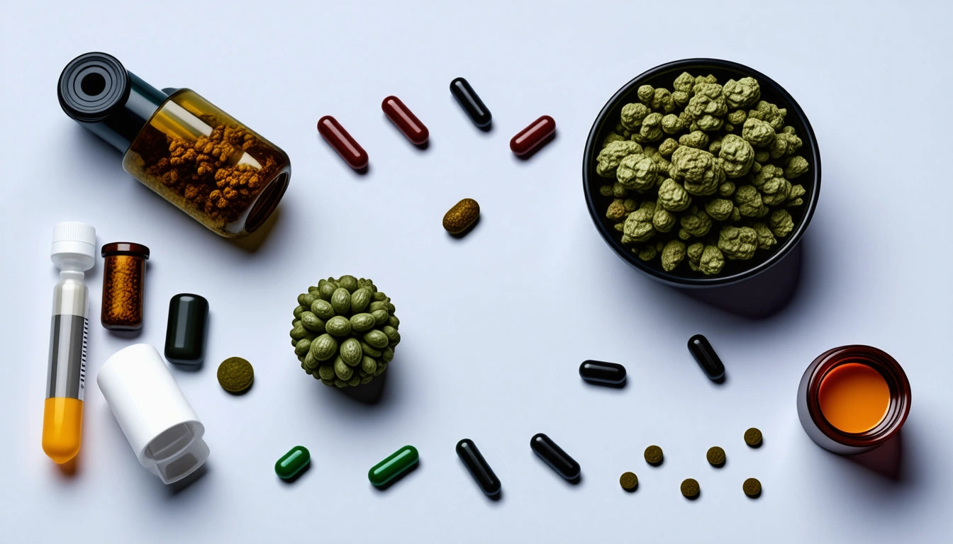 Various colored capsules and pills scattered around jars and a bowl filled with green hops on a white surface