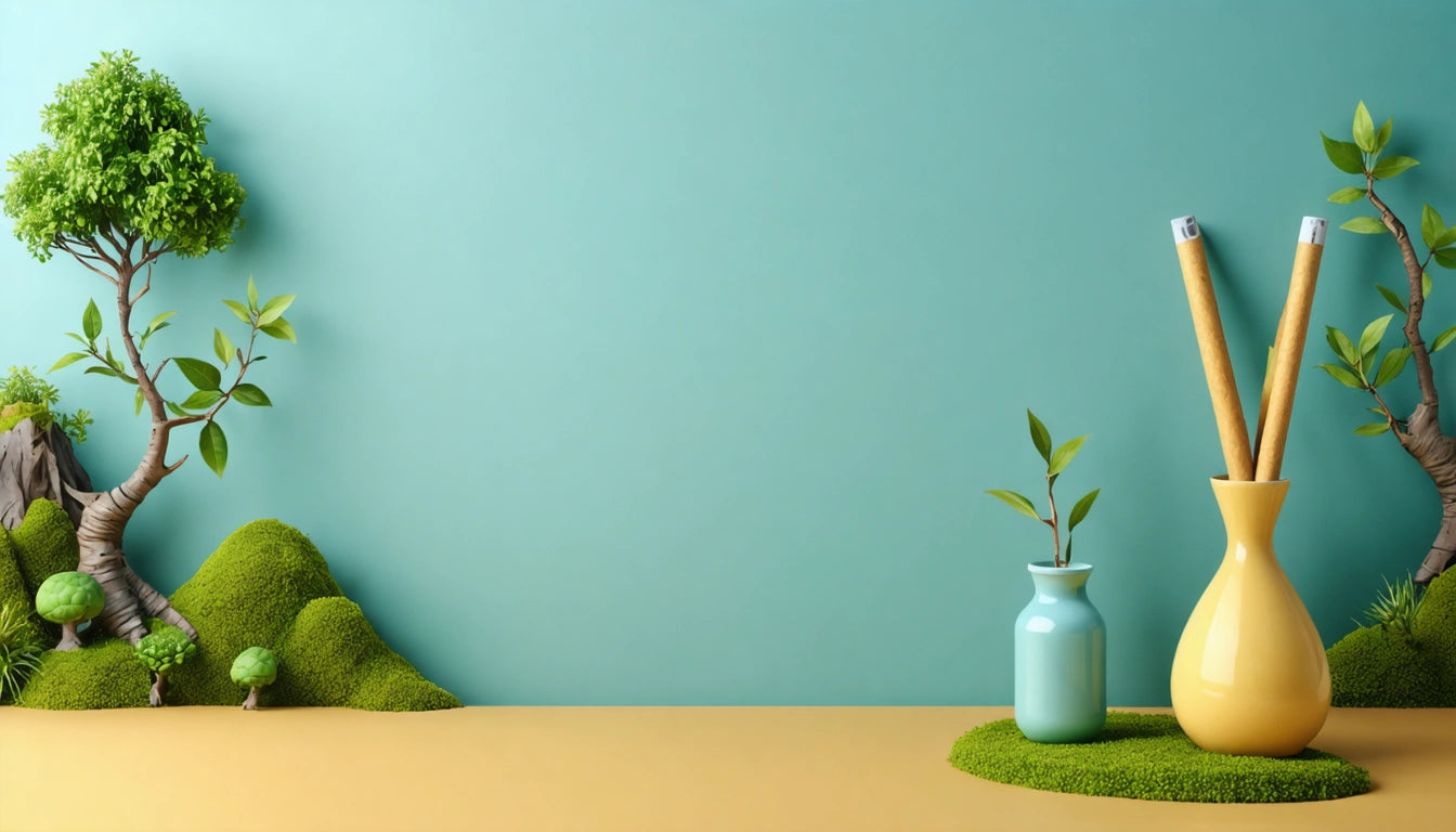 Small trees and moss on left, blue vase with plant and yellow vase with pencils on right, set against a blue wall and beige surface