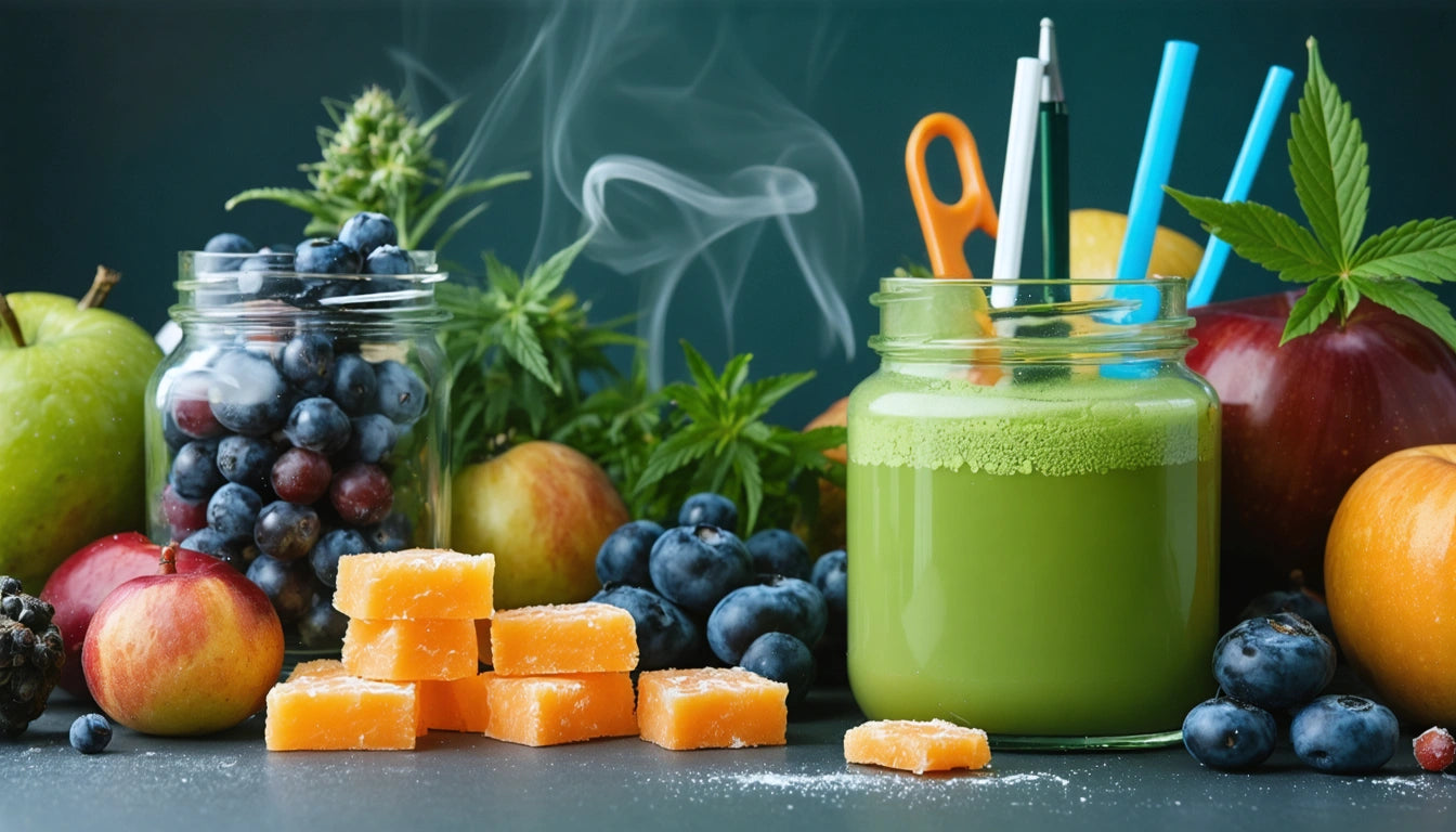 Green smoothie in jar with straws, surrounded by assorted fruits, berries, cheese cubes, and leafy plants on a dark surface
