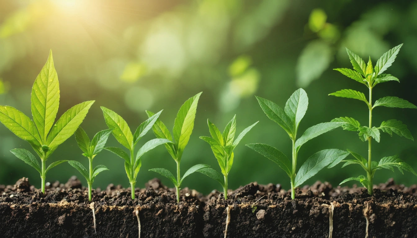 Six young green plants growing in soil with roots visible, sunlight shining from the top left, blurred green background