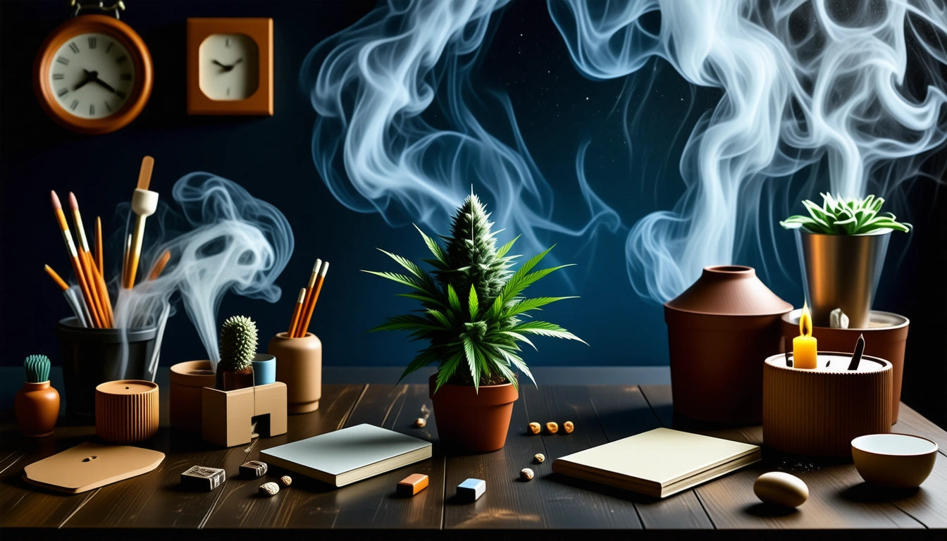 Wooden table with potted plants, candles, books, and art supplies. Smoke swirls around, with a dark background
