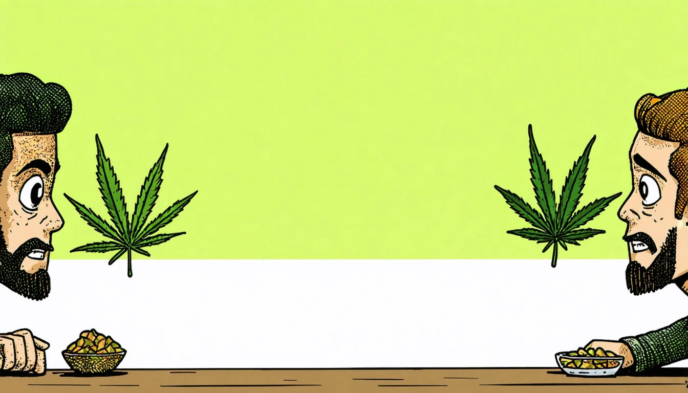 Two cartoon men with beards facing each other, each with a cannabis leaf beside them, on a yellow and white background