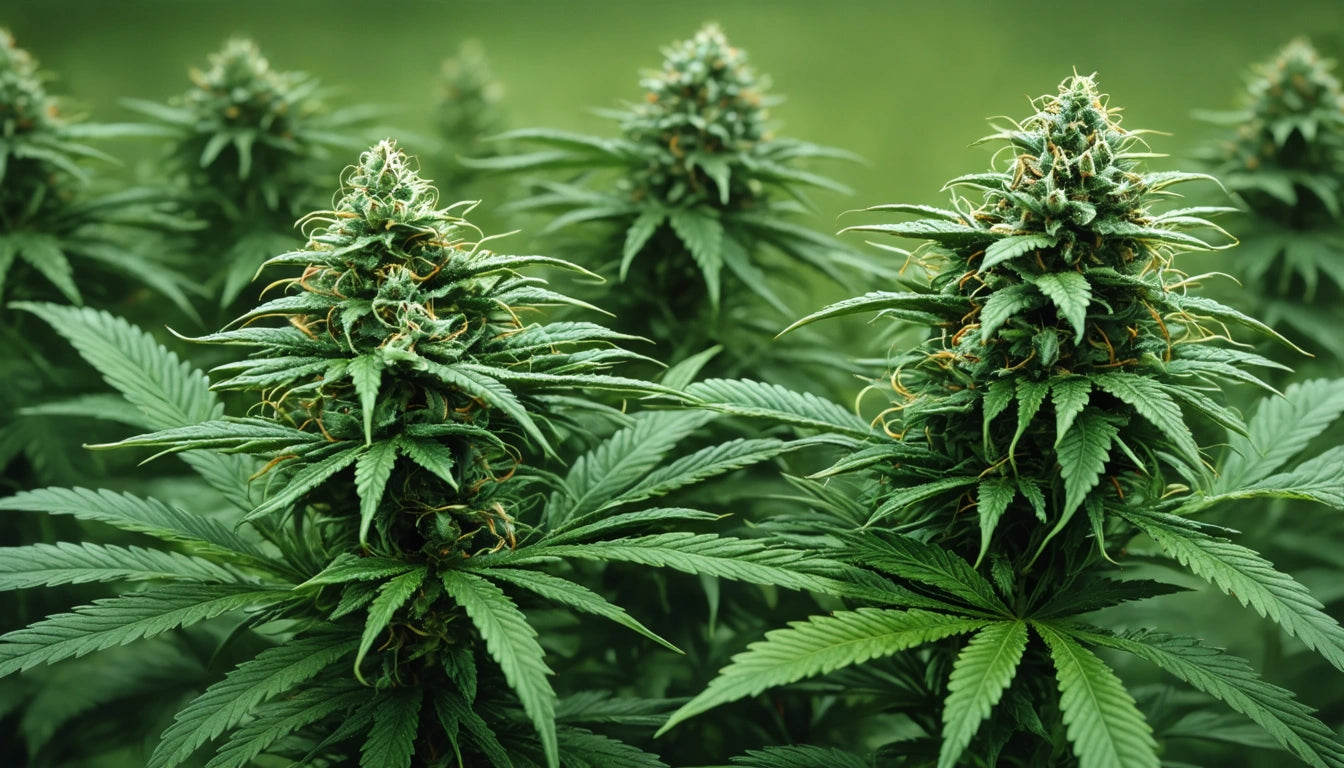 Dense green plants with pointed leaves and clustered buds, set against a blurred green background