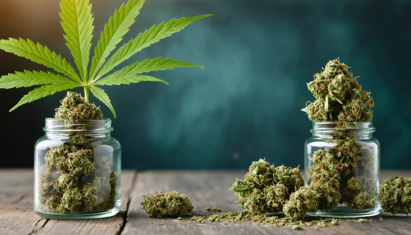 Two glass jars on wooden surface, one with a cannabis leaf and buds, the other filled with buds, against a blurred dark background