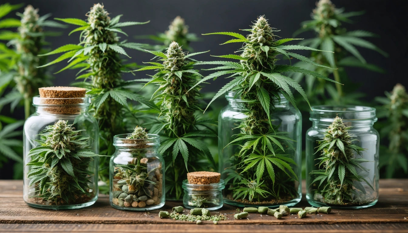Glass jars filled with cannabis plants and buds on a wooden surface, with more plants in the background