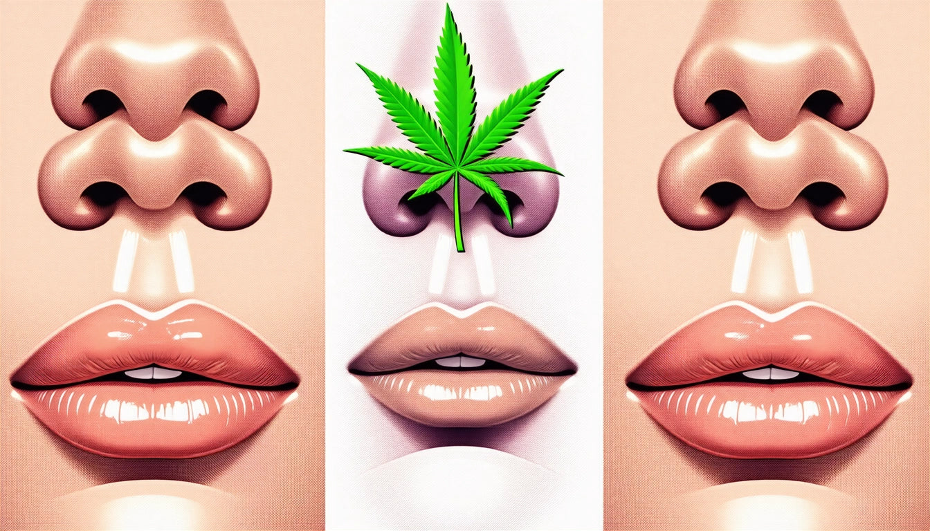 Three sets of lips and noses; center nose has a green leaf on top