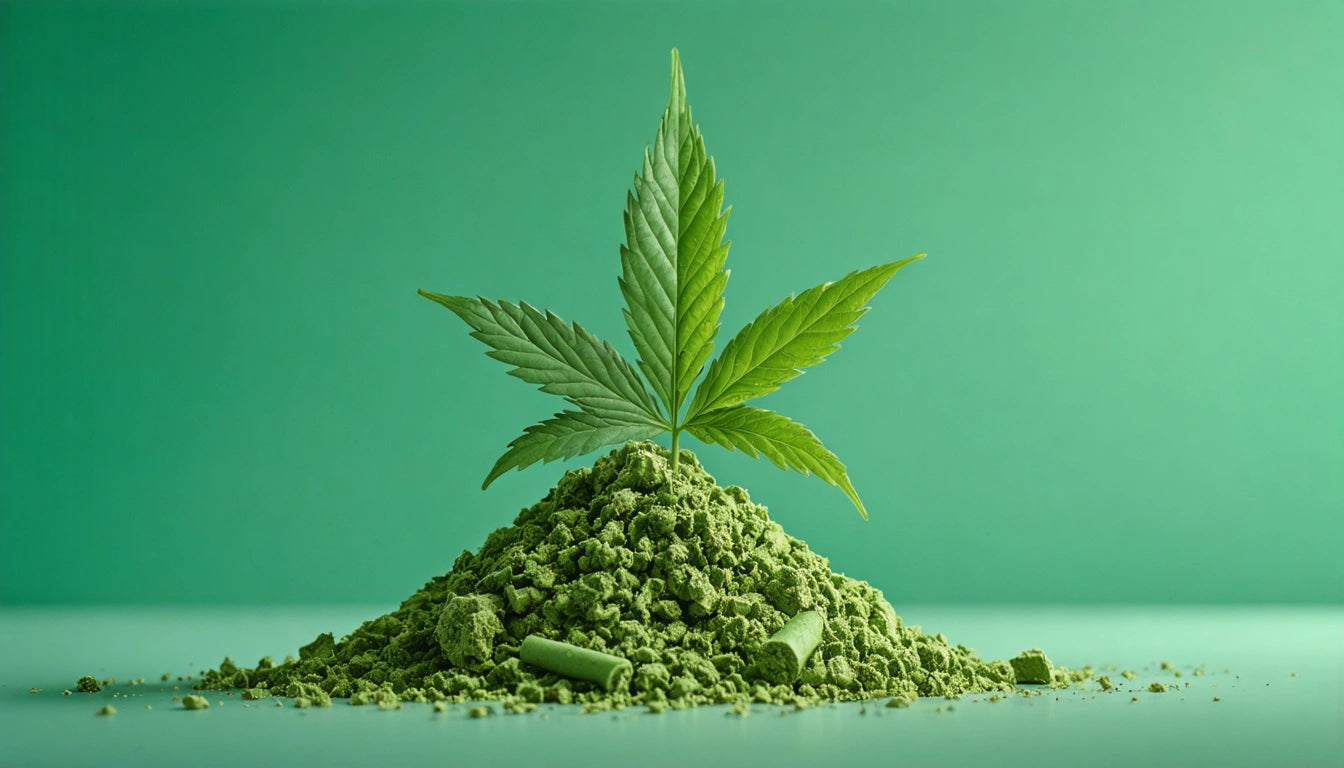 Pile of green powder with a large green leaf sticking out, set against a solid green background
