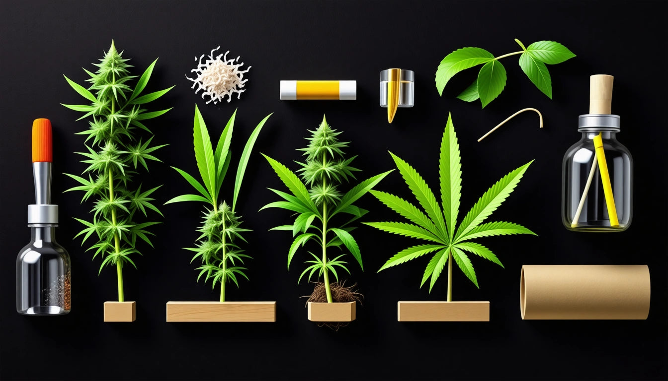 Various cannabis plants in pots, a dropper bottle, a rolled paper, and a vape pen on a black background
