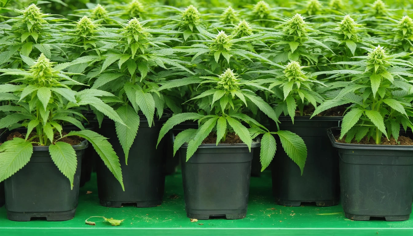 Rows of green plants with pointed leaves in black pots on a green surface