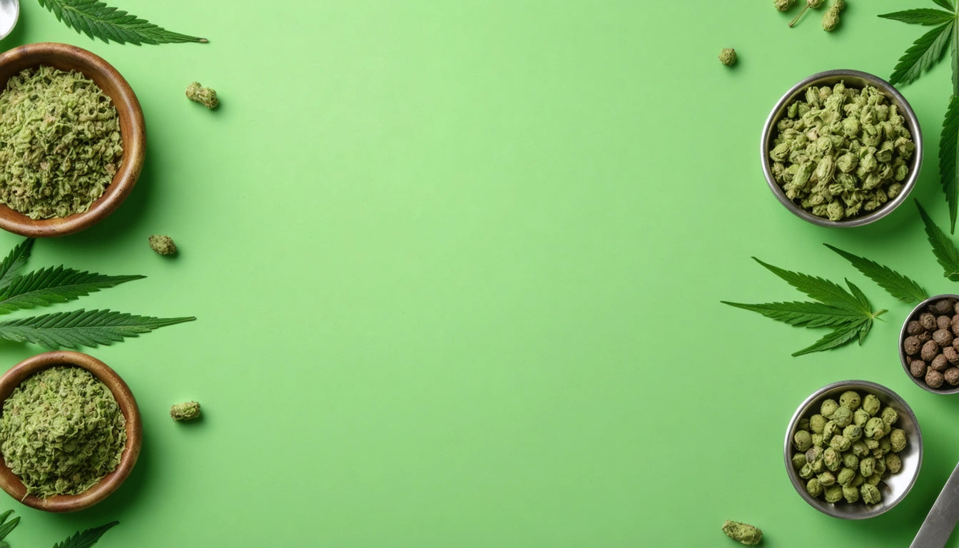 Green background with bowls of green and brown herbs, scattered leaves, and small clusters around the edges