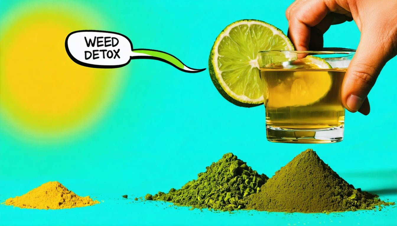 Hand holding a glass with green liquid and lime slice, next to mounds of green and yellow powder on a bright turquoise background