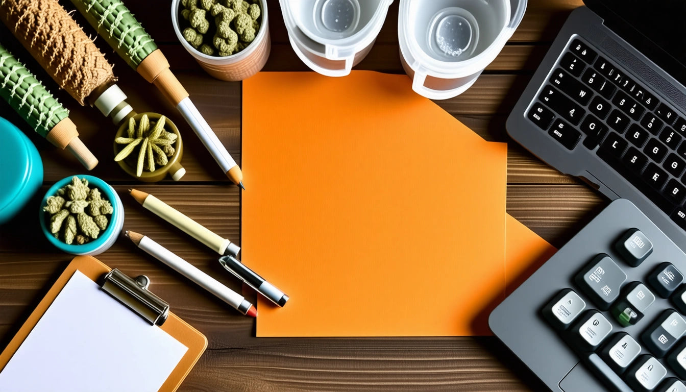Orange folder on wooden desk surrounded by pens, markers, pet treats, laptop, and clipboard
