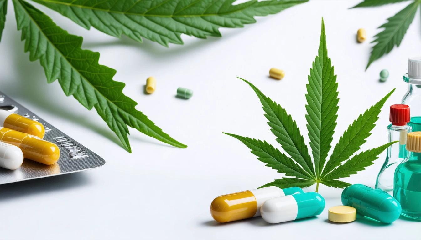 Green cannabis leaves, scattered pills, blister pack, and small bottles with blue liquid on a white surface