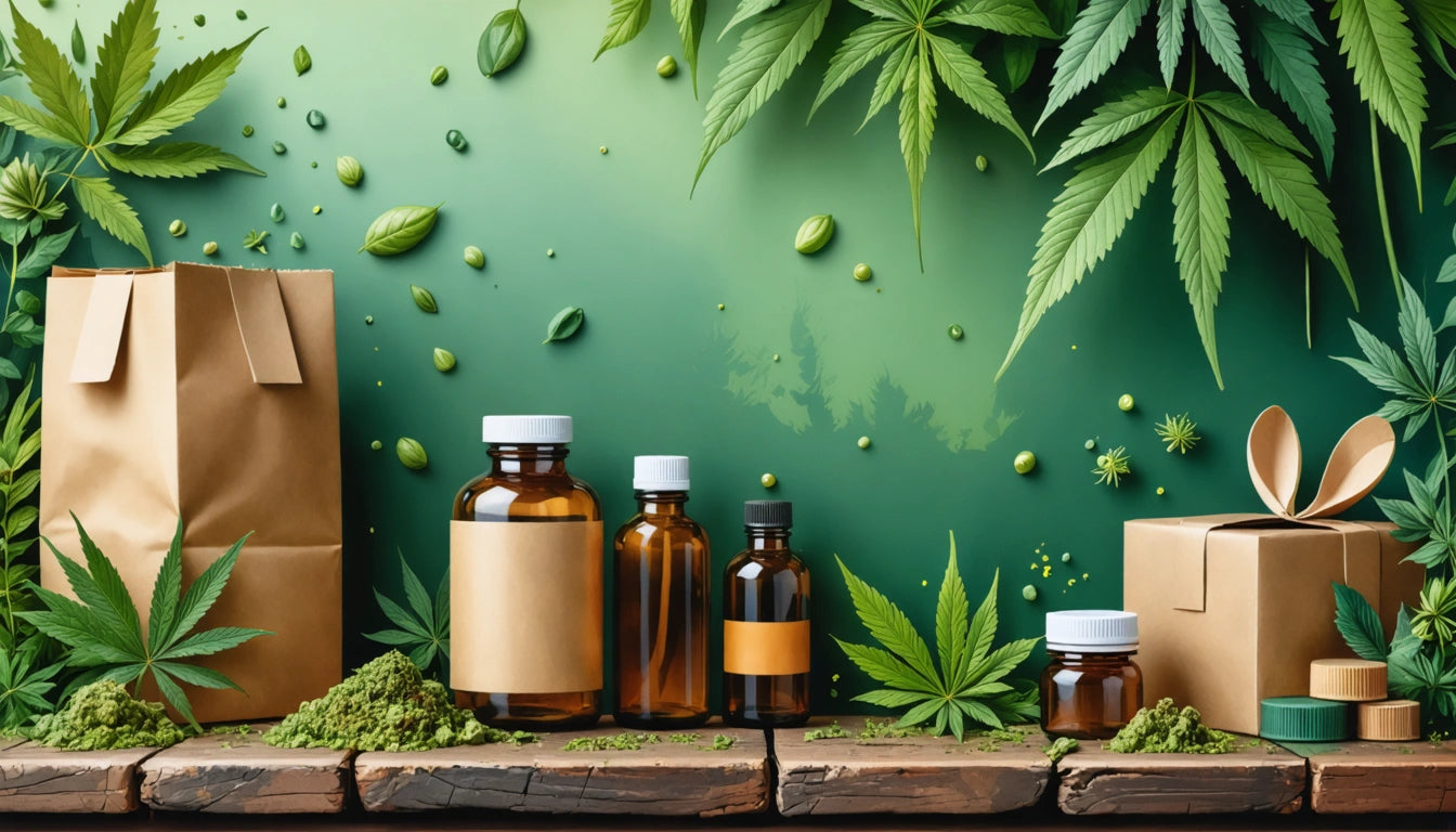 Brown glass bottles, paper bags, and green leaves on a wooden surface with a green gradient background