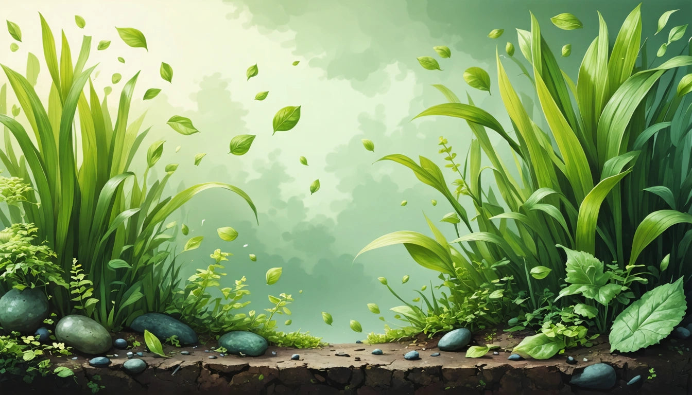 Lush green plants and leaves with scattered stones on a dirt path, set against a soft, cloudy sky background