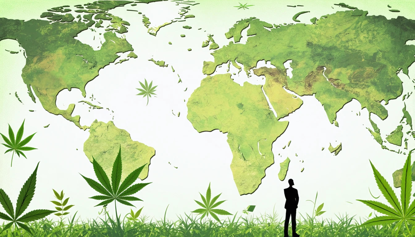 Silhouette of person standing in grass with large green leaves and world map in shades of green above