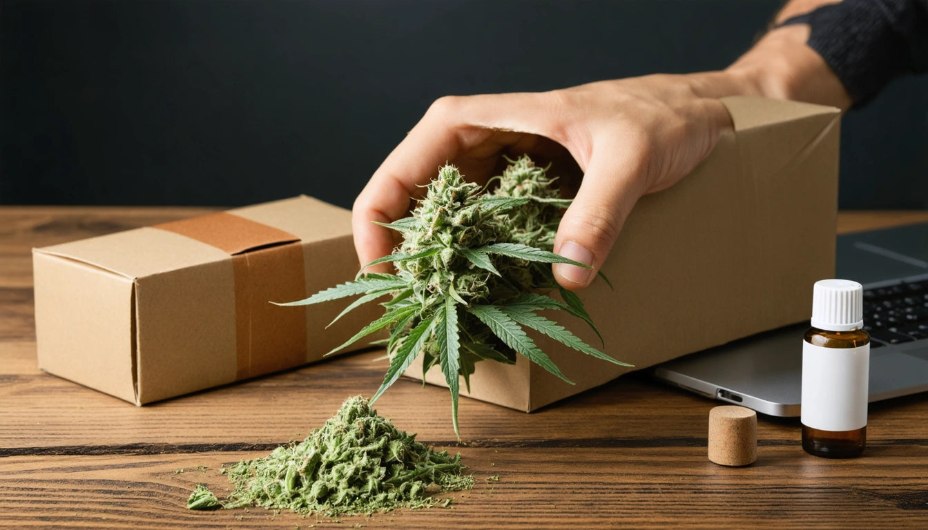 Hand holding green plant over cardboard box, pile of green material on wooden table, small bottle and laptop nearby