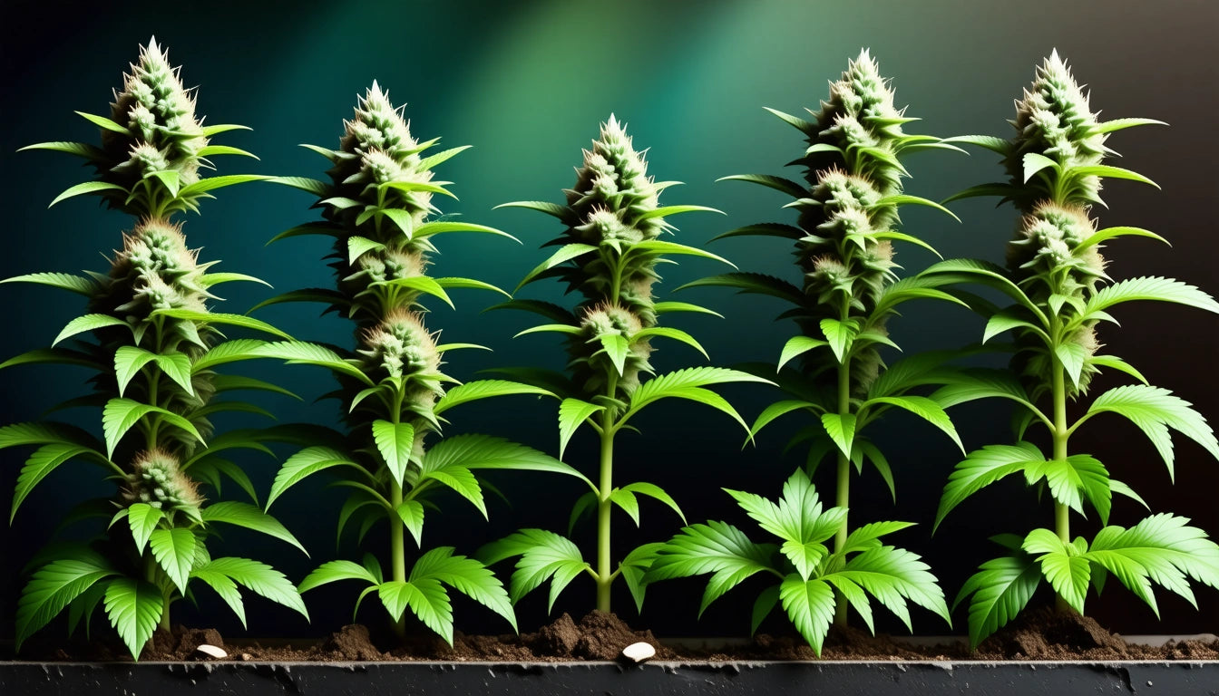 Six green plants with spiky leaves and buds in a row, set against a gradient dark green background