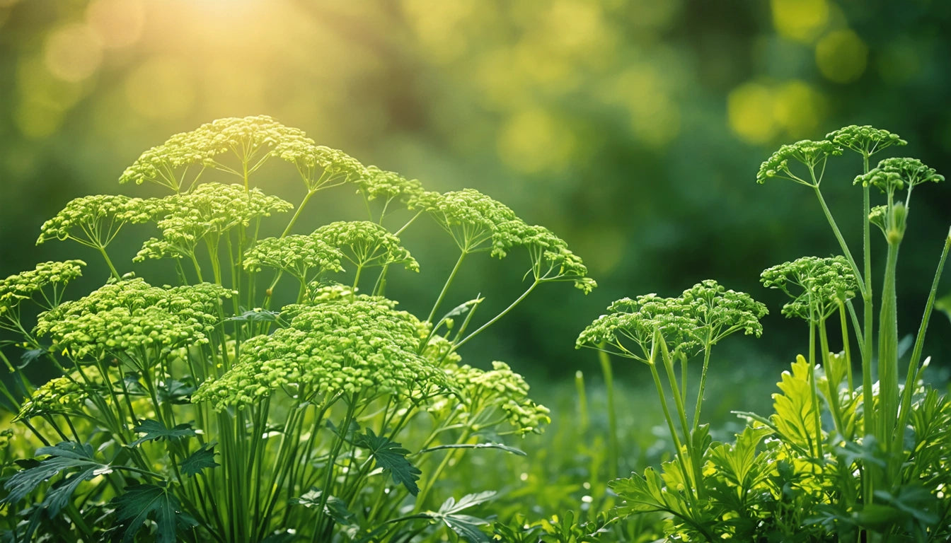 Sunlit green plants with delicate, lacy leaves and small clusters of flowers, set against a blurred green background