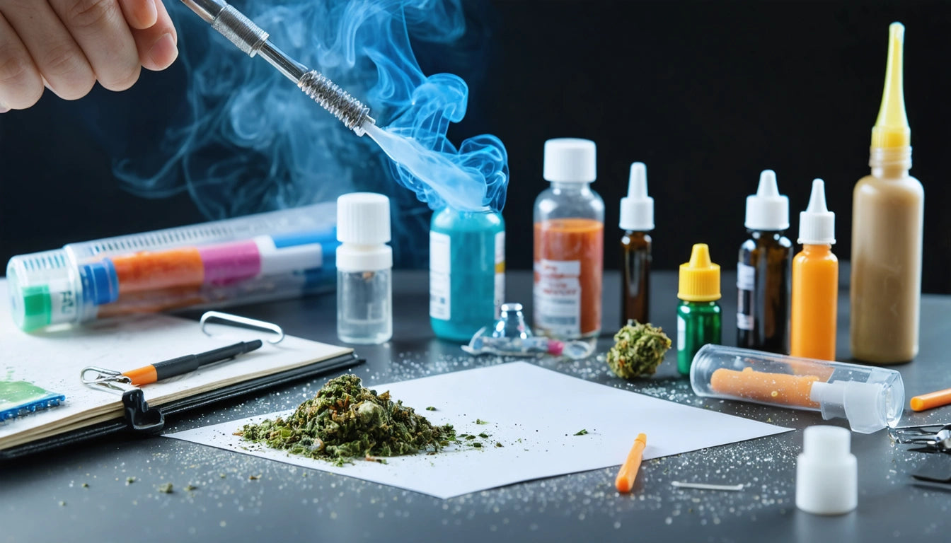 Hand holding a tool emitting smoke, various bottles and droppers on table, dried herbs on paper, dark background