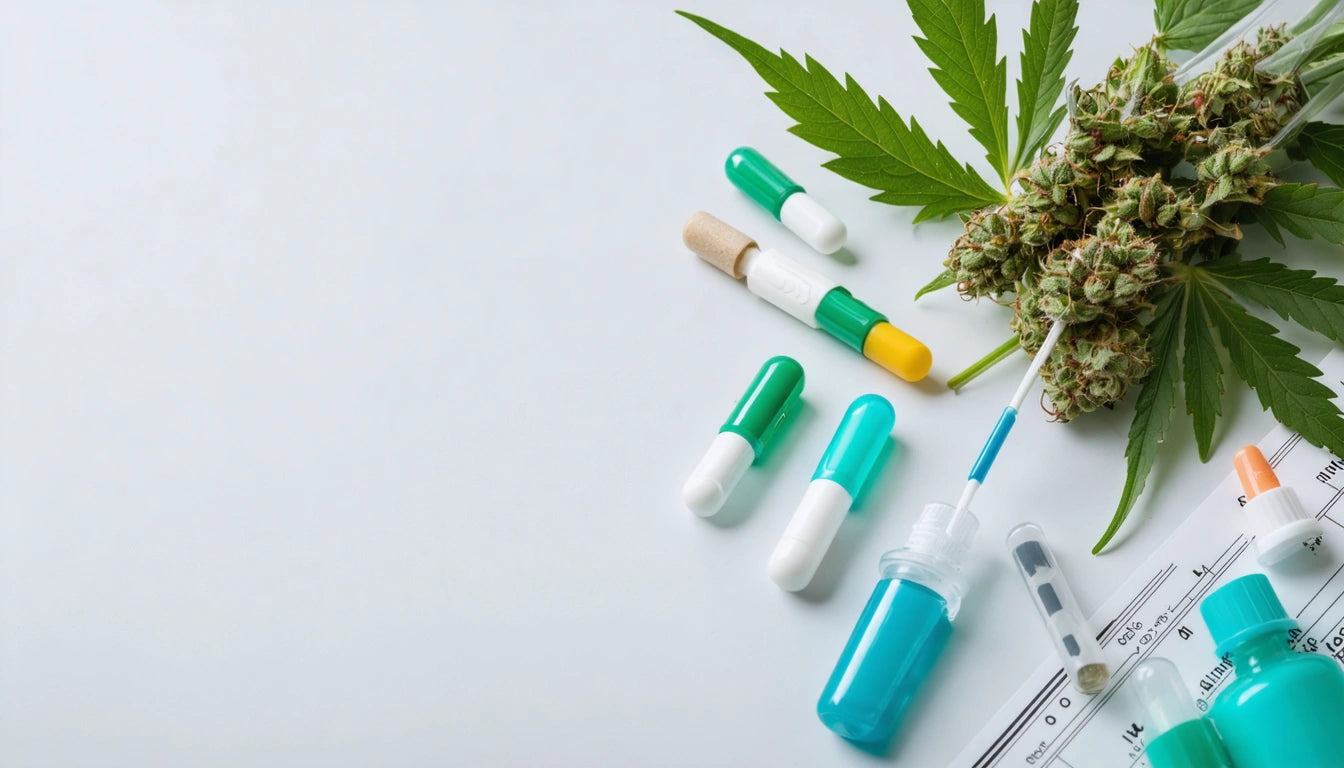 Green and white capsules, syringes, and cannabis leaves on a white surface
