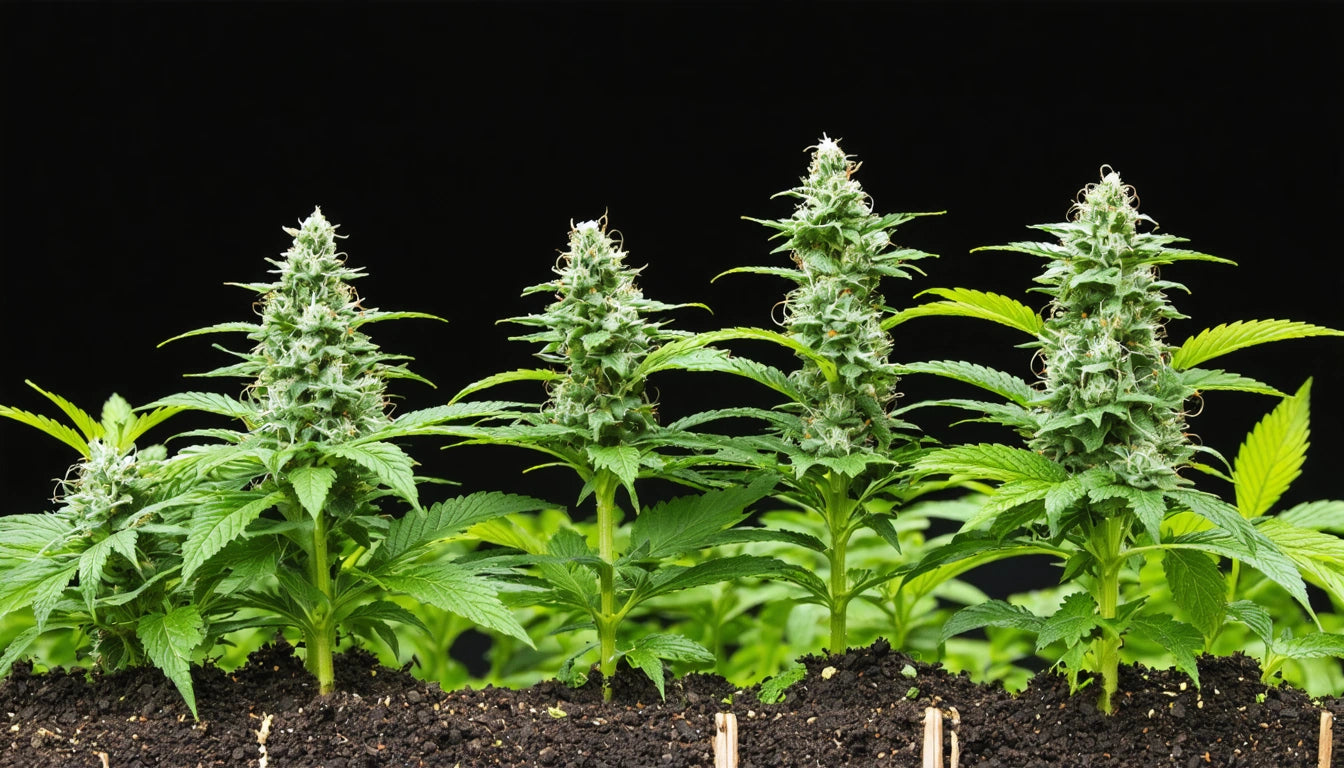 Five green plants with spiky leaves and buds growing in dark soil against a black background